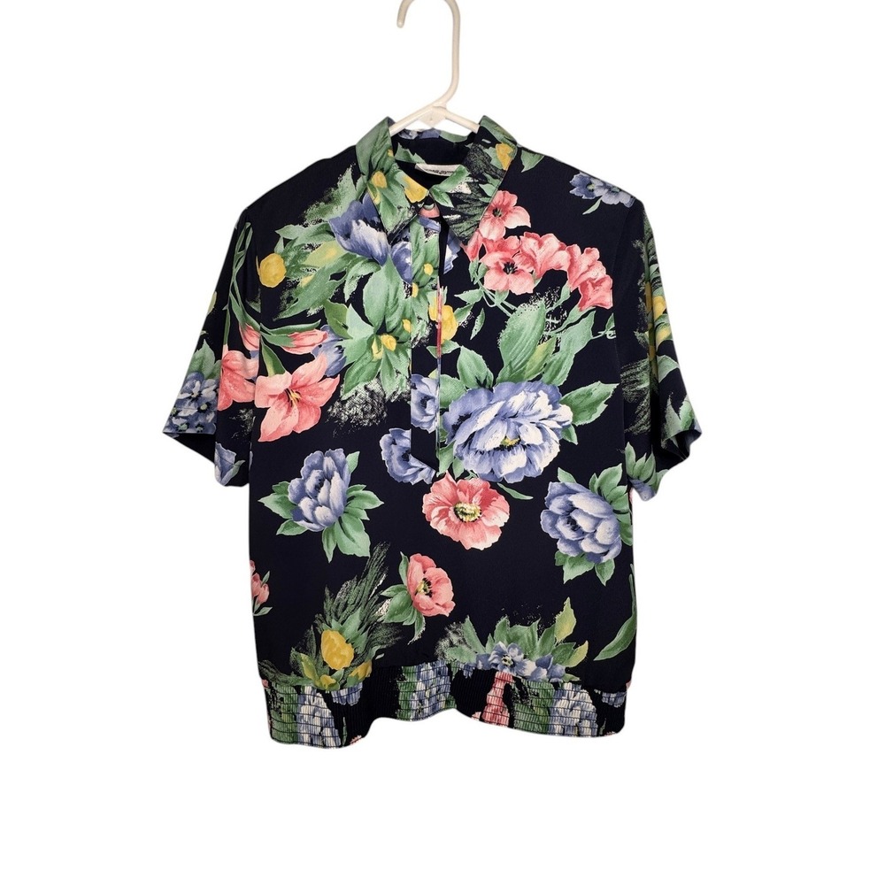 Alfred Dunner Floral Short Sleeve Top Womens 8P Blue Smocked Hem Button Blouse